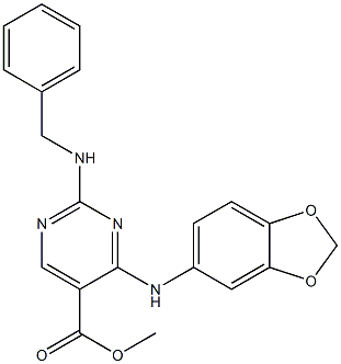 4-(Benzo[1,3]dioxol-5-ylamino)-2-benzylamino-pyrimidine-5-carboxylic acid methyl ester 结构式