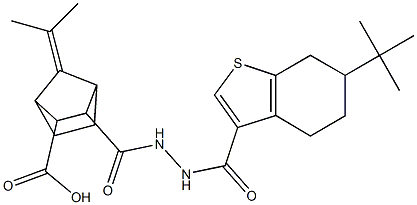 3-(2-(6-(tert-butyl)-4,5,6,7-tetrahydrobenzo[b]thiophene-3-carbonyl)hydrazinecarbonyl)-7-(propan-2-ylidene)bicyclo[2.2.1]heptane-2-carboxylic acid Structure