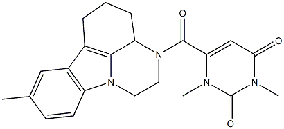 1,3-dimethyl-6-(8-methyl-2,3,3a,4,5,6-hexahydro-1H-pyrazino[3,2,1-jk]carbazole-3-carbonyl)pyrimidine-2,4(1H,3H)-dione Struktur