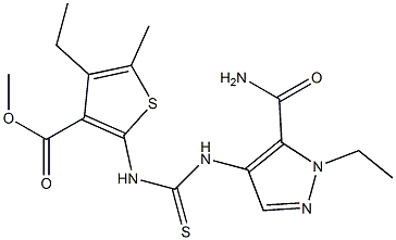 methyl 2-(3-(5-carbamoyl-1-ethyl-1H-pyrazol-4-yl)thioureido)-4-ethyl-5-methylthiophene-3-carboxylate 化学構造式