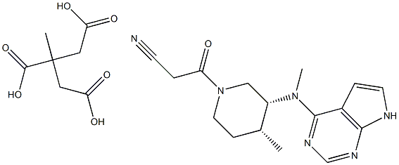 3-((3R,4R)-4-methyl-3-(methyl(7H-pyrrolo[2,3-d]pyrimidin-4-yl)amino)piperidin-1-yl)-3-oxopropanenitrile 2-methylpropane-1,2,3-tricarboxylate 化学構造式