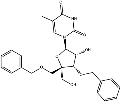 1-((2R,3R,4S,5R)-4-(benzyloxy)-5-((benzyloxy)methyl)-3-hydroxy-5-(hydroxymethyl)tetrahydrofuran-2-yl)-5-methylpyrimidine-2,4(1H,3H)-dione Struktur