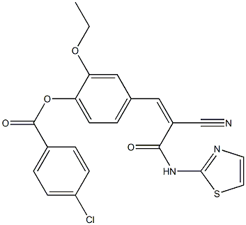 (Z)-4-(2-cyano-3-oxo-3-(thiazol-2-ylamino)prop-1-en-1-yl)-2-ethoxyphenyl 4-chlorobenzoate Structure