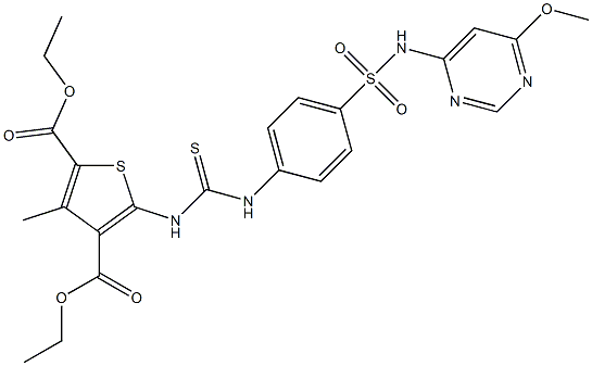 diethyl 5-(3-(4-(N-(6-methoxypyrimidin-4-yl)sulfamoyl)phenyl)thioureido)-3-methylthiophene-2,4-dicarboxylate Structure