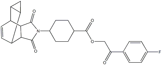 2-(4-fluorophenyl)-2-oxoethyl 4-(3,5-dioxo-4-azatetracyclo[5.3.2.0~2,6~.0~8,10~]dodec-11-en-4-yl)cyclohexanecarboxylate Struktur