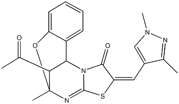 16-acetyl-13-[(1,3-dimethyl-1H-pyrazol-4-yl)methylene]-9-methyl-8-oxa-12-thia-10,15-diazatetracyclo[7.6.1.0~2,7~.0~11,15~]hexadeca-2,4,6,10-tetraen-14-one Struktur