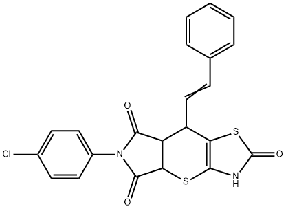 6-(4-chlorophenyl)-8-(2-phenylvinyl)-3,4a,7a,8-tetrahydropyrrolo[3',4':5,6]thiopyrano[2,3-d][1,3]thiazole-2,5,7(6H)-trione Struktur