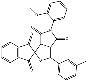 5-(2-methoxyphenyl)-1-(3-methylphenyl)-3a,6a-dihydrospiro(1H-furo[3,4-c]pyrrole-3,2'-[1H]-indene)-1',3',4,6(2'H,3H,5H)-tetrone,1005108-20-2,结构式