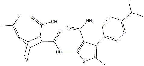 3-({[3-(aminocarbonyl)-4-(4-isopropylphenyl)-5-methyl-2-thienyl]amino}carbonyl)-7-(1-methylethylidene)bicyclo[2.2.1]heptane-2-carboxylic acid Structure