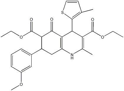 diethyl 7-(3-methoxyphenyl)-2-methyl-4-(3-methyl-2-thienyl)-5-oxo-1,4,5,6,7,8-hexahydro-3,6-quinolinedicarboxylate 化学構造式