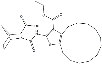 3-({[3-(ethoxycarbonyl)-5,6,7,8,9,10,11,12,13,14-decahydro-4H-cyclotrideca[b]thien-2-yl]amino}carbonyl)bicyclo[2.2.1]heptane-2-carboxylic acid 化学構造式