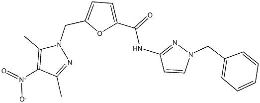 N-(1-benzyl-1H-pyrazol-3-yl)-5-({4-nitro-3,5-dimethyl-1H-pyrazol-1-yl}methyl)-2-furamide Structure