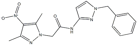 N-(1-benzyl-1H-pyrazol-3-yl)-2-{4-nitro-3,5-dimethyl-1H-pyrazol-1-yl}acetamide 结构式