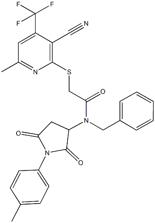 N-benzyl-2-{[3-cyano-6-methyl-4-(trifluoromethyl)-2-pyridinyl]sulfanyl}-N-[1-(4-methylphenyl)-2,5-dioxo-3-pyrrolidinyl]acetamide Struktur