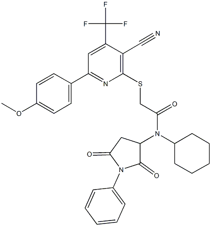 2-{[3-cyano-6-(4-methoxyphenyl)-4-(trifluoromethyl)-2-pyridinyl]sulfanyl}-N-cyclohexyl-N-(2,5-dioxo-1-phenyl-3-pyrrolidinyl)acetamide 结构式