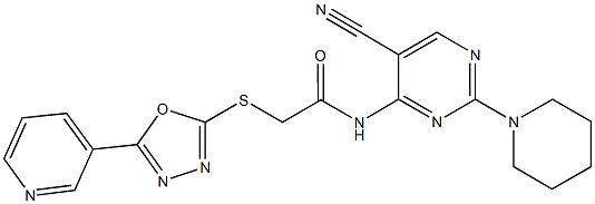 N-[5-cyano-2-(1-piperidinyl)-4-pyrimidinyl]-2-{[5-(3-pyridinyl)-1,3,4-oxadiazol-2-yl]sulfanyl}acetamide 化学構造式