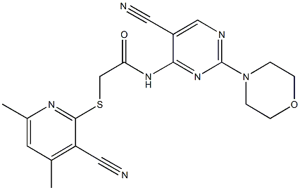 2-[(3-cyano-4,6-dimethyl-2-pyridinyl)sulfanyl]-N-[5-cyano-2-(4-morpholinyl)-4-pyrimidinyl]acetamide 结构式