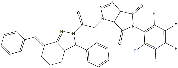 1-[2-(7-benzylidene-3-phenyl-3,3a,4,5,6,7-hexahydro-2H-indazol-2-yl)-2-oxoethyl]-5-(2,3,4,5,6-pentafluorophenyl)-3a,6a-dihydropyrrolo[3,4-d][1,2,3]triazole-4,6(1H,5H)-dione 结构式