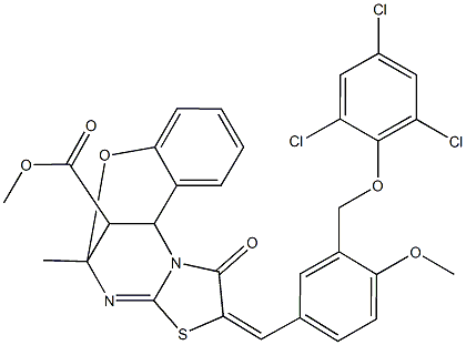 methyl (13E)-13-{4-methoxy-3-[(2,4,6-trichlorophenoxy)methyl]benzylidene}-9-methyl-14-oxo-8-oxa-12-thia-10,15-diazatetracyclo[7.6.1.0~2,7~.0~11,15~]hexadeca-2,4,6,10-tetraene-16-carboxylate 结构式