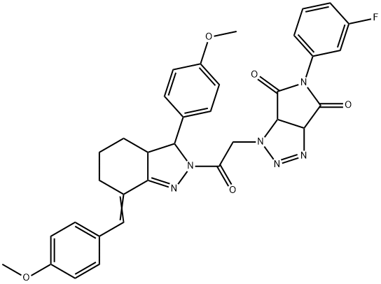 5-(3-fluorophenyl)-1-{2-[7-(4-methoxybenzylidene)-3-(4-methoxyphenyl)-3,3a,4,5,6,7-hexahydro-2H-indazol-2-yl]-2-oxoethyl}-3a,6a-dihydropyrrolo[3,4-d][1,2,3]triazole-4,6(1H,5H)-dione Structure