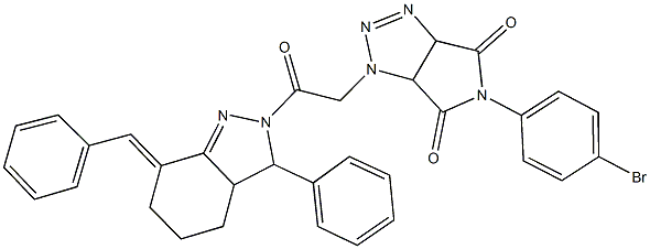 1-[2-(7-benzylidene-3-phenyl-3,3a,4,5,6,7-hexahydro-2H-indazol-2-yl)-2-oxoethyl]-5-(4-bromophenyl)-3a,6a-dihydropyrrolo[3,4-d][1,2,3]triazole-4,6(1H,5H)-dione Struktur