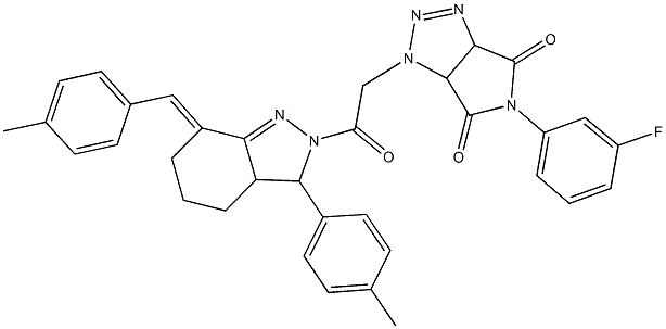 5-(3-fluorophenyl)-1-{2-[7-(4-methylbenzylidene)-3-(4-methylphenyl)-3,3a,4,5,6,7-hexahydro-2H-indazol-2-yl]-2-oxoethyl}-3a,6a-dihydropyrrolo[3,4-d][1,2,3]triazole-4,6(1H,5H)-dione Struktur