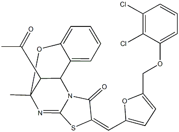16-acetyl-13-({5-[(2,3-dichlorophenoxy)methyl]-2-furyl}methylene)-9-methyl-8-oxa-12-thia-10,15-diazatetracyclo[7.6.1.0~2,7~.0~11,15~]hexadeca-2,4,6,10-tetraen-14-one Struktur