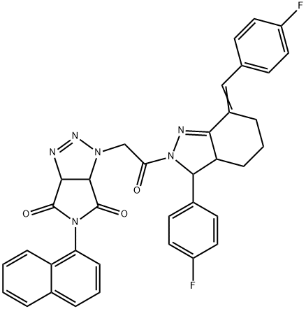 1-{2-[7-(4-fluorobenzylidene)-3-(4-fluorophenyl)-3,3a,4,5,6,7-hexahydro-2H-indazol-2-yl]-2-oxoethyl}-5-(1-naphthyl)-3a,6a-dihydropyrrolo[3,4-d][1,2,3]triazole-4,6(1H,5H)-dione 结构式
