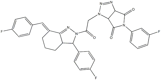 1-{2-[7-(4-fluorobenzylidene)-3-(4-fluorophenyl)-3,3a,4,5,6,7-hexahydro-2H-indazol-2-yl]-2-oxoethyl}-5-(3-fluorophenyl)-3a,6a-dihydropyrrolo[3,4-d][1,2,3]triazole-4,6(1H,5H)-dione Struktur