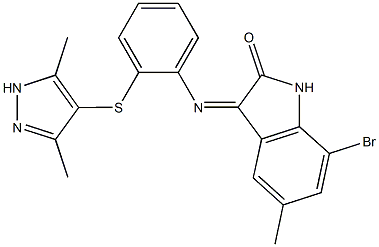 7-bromo-3-({2-[(3,5-dimethyl-1H-pyrazol-4-yl)sulfanyl]phenyl}imino)-5-methyl-1,3-dihydro-2H-indol-2-one,1027326-38-0,结构式