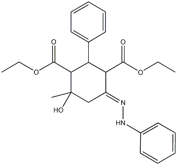 diethyl 4-hydroxy-4-methyl-2-phenyl-6-(phenylhydrazono)-1,3-cyclohexanedicarboxylate,102894-79-1,结构式
