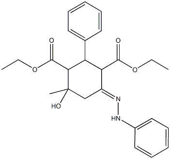 diethyl 4-hydroxy-4-methyl-2-phenyl-6-(phenylhydrazono)-1,3-cyclohexanedicarboxylate Structure