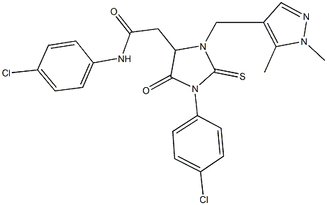 N-(4-chlorophenyl)-2-{1-(4-chlorophenyl)-3-[(1,5-dimethyl-1H-pyrazol-4-yl)methyl]-5-oxo-2-thioxo-4-imidazolidinyl}acetamide 化学構造式