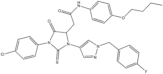 N-(4-butoxyphenyl)-2-{1-(4-chlorophenyl)-3-[1-(4-fluorobenzyl)-1H-pyrazol-4-yl]-5-oxo-2-thioxo-4-imidazolidinyl}acetamide Structure