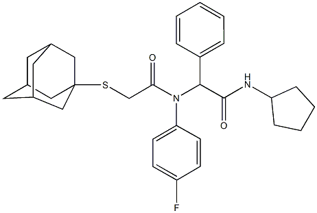 2-{[(1-adamantylsulfanyl)acetyl]-4-fluoroanilino}-N-cyclopentyl-2-phenylacetamide 化学構造式