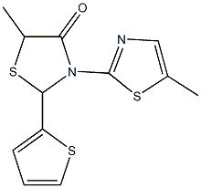 5-methyl-3-(5-methyl-1,3-thiazol-2-yl)-2-(2-thienyl)-1,3-thiazolidin-4-one 化学構造式