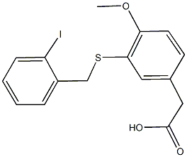 {3-[(2-iodobenzyl)sulfanyl]-4-methoxyphenyl}acetic acid 化学構造式