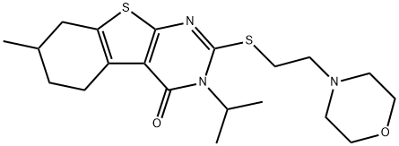 3-isopropyl-7-methyl-2-{[2-(4-morpholinyl)ethyl]sulfanyl}-5,6,7,8-tetrahydro[1]benzothieno[2,3-d]pyrimidin-4(3H)-one Struktur