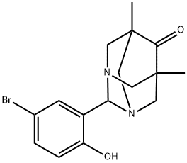 2-(5-bromo-2-hydroxyphenyl)-5,7-dimethyl-1,3-diazatricyclo[3.3.1.1~3,7~]decan-6-one Struktur