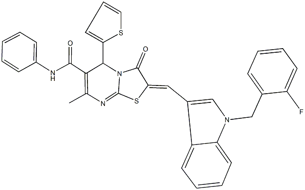 2-{[1-(2-fluorobenzyl)-1H-indol-3-yl]methylene}-7-methyl-3-oxo-N-phenyl-5-(2-thienyl)-2,3-dihydro-5H-[1,3]thiazolo[3,2-a]pyrimidine-6-carboxamide Struktur