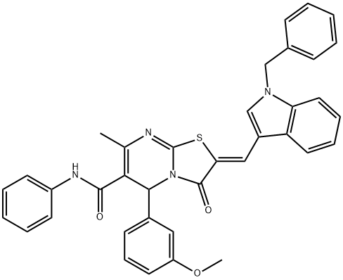 2-[(1-benzyl-1H-indol-3-yl)methylene]-5-(3-methoxyphenyl)-7-methyl-3-oxo-N-phenyl-2,3-dihydro-5H-[1,3]thiazolo[3,2-a]pyrimidine-6-carboxamide 结构式