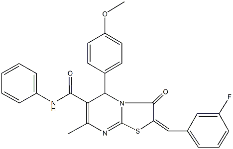 2-(3-fluorobenzylidene)-5-(4-methoxyphenyl)-7-methyl-3-oxo-N-phenyl-2,3-dihydro-5H-[1,3]thiazolo[3,2-a]pyrimidine-6-carboxamide 化学構造式