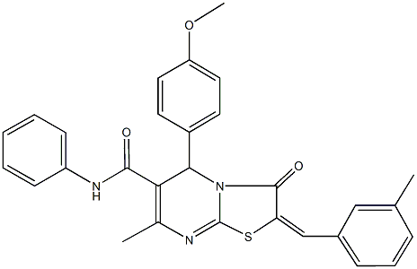 5-(4-methoxyphenyl)-7-methyl-2-(3-methylbenzylidene)-3-oxo-N-phenyl-2,3-dihydro-5H-[1,3]thiazolo[3,2-a]pyrimidine-6-carboxamide,1114323-05-5,结构式