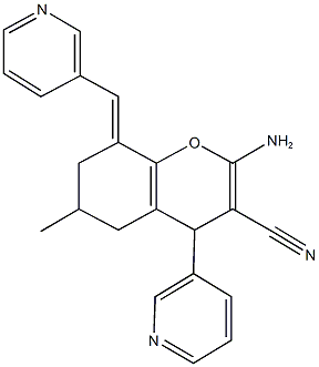 2-amino-6-methyl-4-(3-pyridinyl)-8-(3-pyridinylmethylene)-5,6,7,8-tetrahydro-4H-chromene-3-carbonitrile Struktur