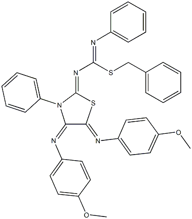 benzyl N-{4,5-bis[(4-methoxyphenyl)imino]-3-phenyl-1,3-thiazolidin-2-ylidene}-N'-phenylimidothiocarbamate Struktur