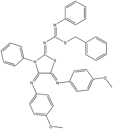 benzyl N-{4,5-bis[(4-methoxyphenyl)imino]-3-phenyl-1,3-thiazolidin-2-ylidene}-N'-phenylimidothiocarbamate 结构式