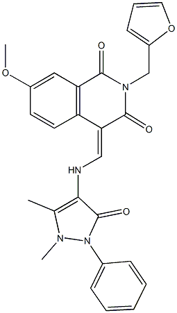 4-{[(1,5-dimethyl-3-oxo-2-phenyl-2,3-dihydro-1H-pyrazol-4-yl)amino]methylene}-2-(2-furylmethyl)-7-methoxy-1,3(2H,4H)-isoquinolinedione 结构式