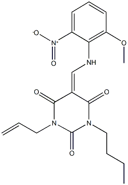 1-allyl-3-butyl-5-({2-nitro-6-methoxyanilino}methylene)-2,4,6(1H,3H,5H)-pyrimidinetrione Structure