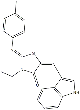 3-ethyl-5-(1H-indol-3-ylmethylene)-2-[(4-methylphenyl)imino]-1,3-thiazolidin-4-one 结构式