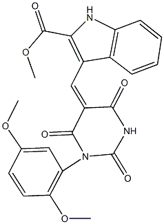 methyl 3-[(1-(2,5-dimethoxyphenyl)-2,4,6-trioxotetrahydro-5(2H)-pyrimidinylidene)methyl]-1H-indole-2-carboxylate 结构式